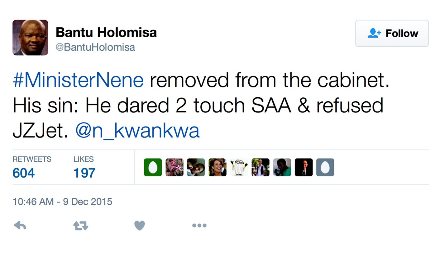 Axing of Nene: SA's Twittersphere voices country's fear and loathing